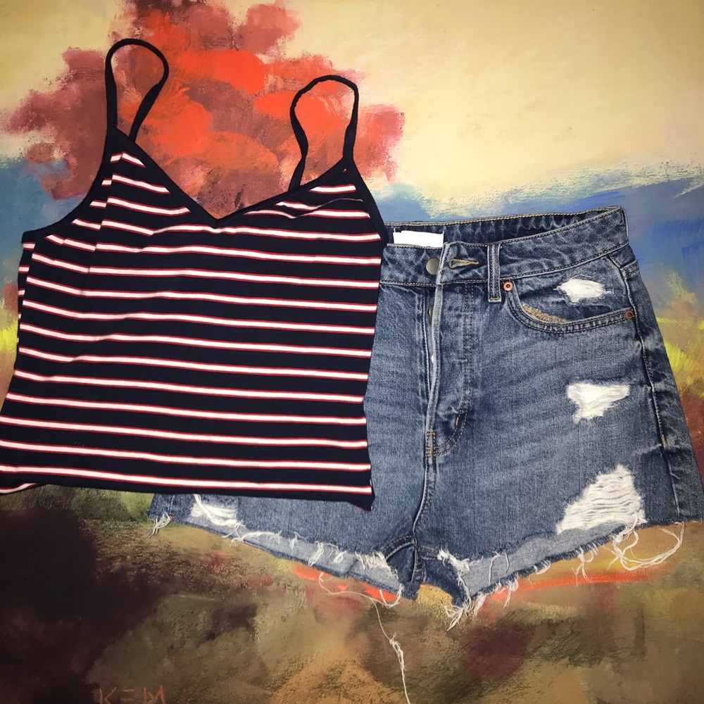 H&M | Button Fly Denim Distressed Shorts